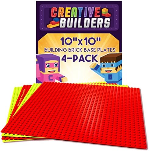 Creative Builders, Baseplates, Lego Compatible, Set of 4 Base Plates, Large Size 10" X 10", Red &amp; Yellow Variety Pack
