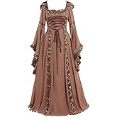 Women Renaissance Medieval Dress Irish Hooded Vintage Gothic Fairy Ball Gown Chemise Lace Up Long Flared Sleeve Dress Party