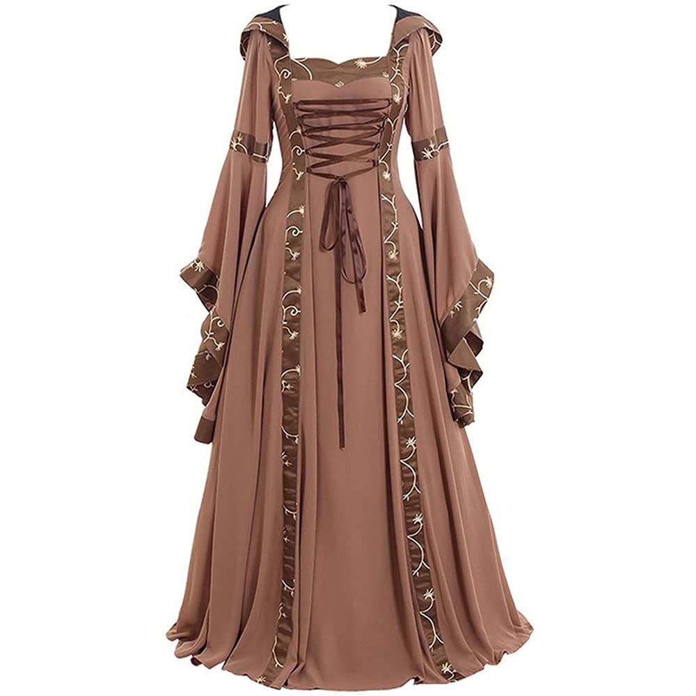 Photo 1 of STIOEDYUAN Women Renaissance Medieval Dress Irish Hooded Vintage Gothic Fairy Ball Gown Chemise Lace Up Long Flared Sleeve Dress Party (Khaki, X-Large)