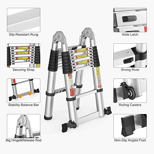 Finether 16.4ft Aluminum Telescoping Extension Ladder Portable Multi-Purpose Folding A-Frame Ladder with Hinges, 330lb Load Capacity for Home Loft Office,EN131 Certified