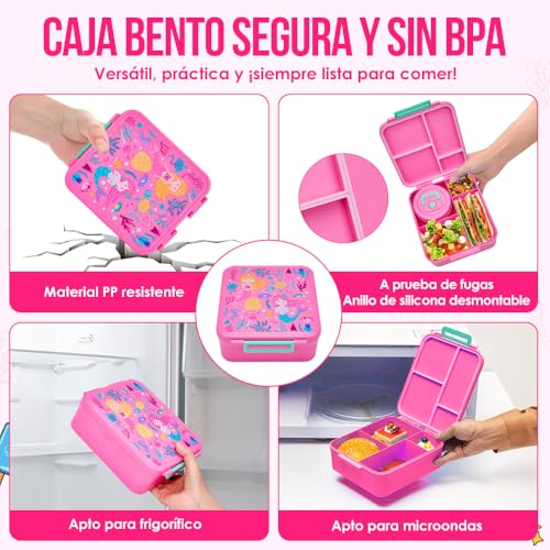 Nasjac Lonchera Bento Box para Niños Y Niñas, Caja Charolas Bento 2000ML de 4 Divisiones con Termo de Sopa, Bolsa de Almuerzo Termica para Niños Portátil con Cuchara Tenedor Bolsa Aislante