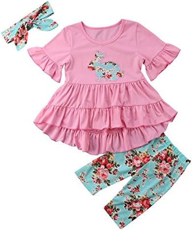 Toddler Baby Girl Easter Outfit Floral Ruffles Tunic Dress Leggings Headband Clothes Set