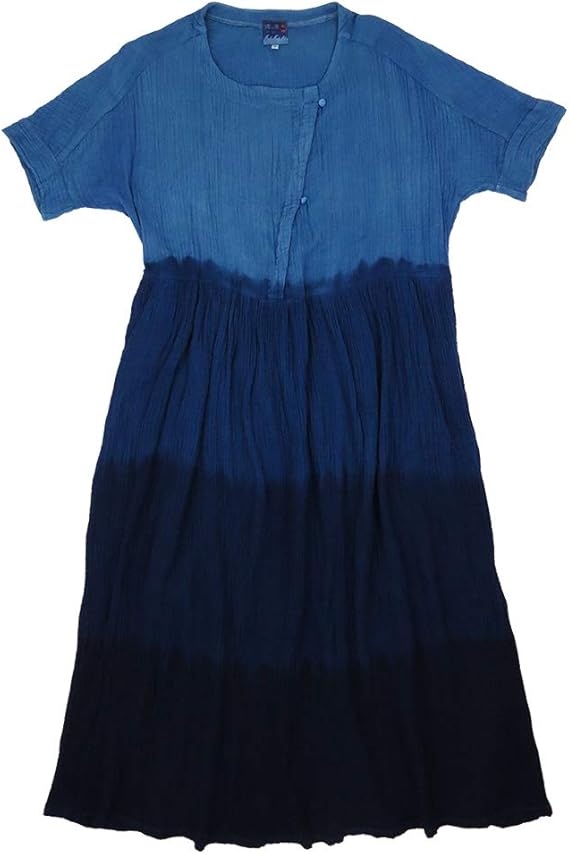 Amazon 琉球藍染め 半袖 ウエスト切替え ワンピース くるみボタン付き ガーゼ素材 ワンピース チュニック 通販