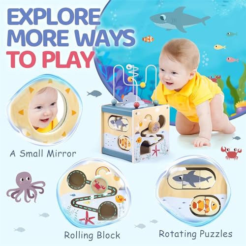 AM ANNA Wooden Activity Cube for Toddlers 1-3, in 1 Ocean Animal Shape Sorter Bead Maze Montessori Toys Baby 6-12 Months,Baby Activity Cube 1-3 Boys Girls Baby Sensory Interactive Birthday Gift