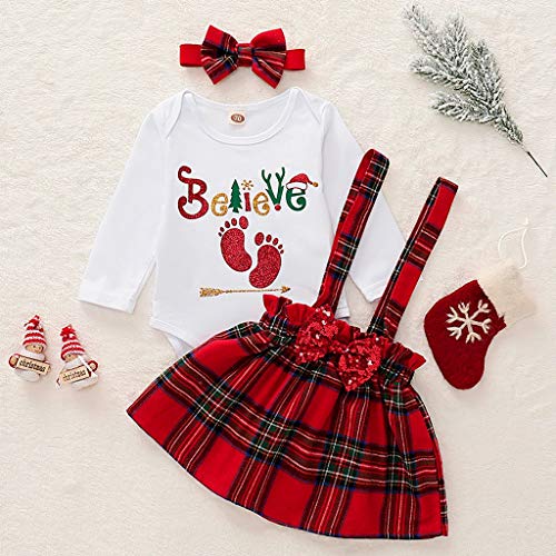 Mayunn 3-Pieces Infant Baby Girls Christmas Letter Romper+Plaid Suspender Skirts+Headbands Outfits Sets Clothes (3Months-3Years) - Thumbnail 2