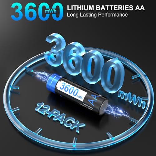 Artman Rechargeable Lithium AA Batteries 12 Pack with 12-Slot Charger, 3600mWh 1.5V High Power AA Lithium Batteries for Blink Outdoor Camera, Rechargeable Double A Battery with 2000+ Cycles (Black)
