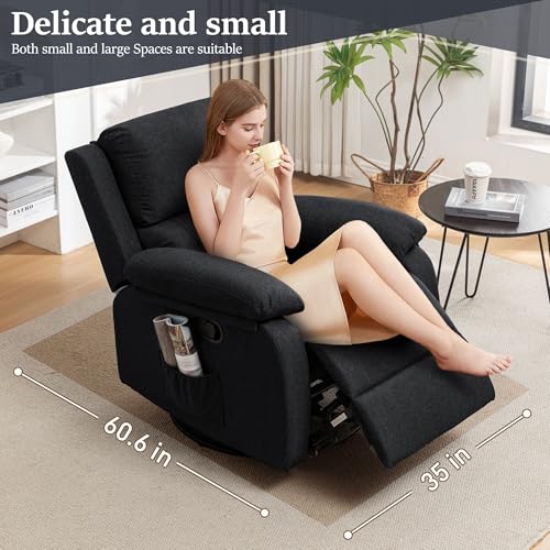 Korser Recliner Chair, 360 Swivel Rocker Chair for Adults, Small Rocking Recliner for Small Spaces, Upholstered Fabric Glider Recliner Nursery Chair with Side Pockets for Living Room, Nursery