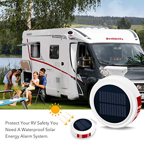 Wireless Outdoor Solar Powered Burglar Home Security Alarm Siren, Waterproof RV Alarm DIY Driveway Alert System with 2 Motion Detector, 1 Door Sensors and Remote Controls