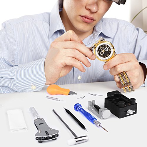 ETEPON Professional Watch Repair Kit Tool Watchmaker Case Back Opener Watch Band Buckle Remove with Scaled Spring Bar Pin Tweezers Screwdriver Case Band Holder Removal ET015