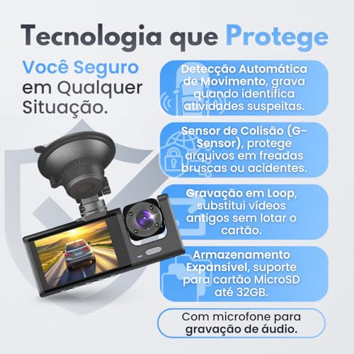 Câmera Veicular 3 Lentes Full HD 1080p, Gravação 360°, Visão Noturna, Sensor G, Detecção de Movimento, Tela LCD, Suporte 32GB