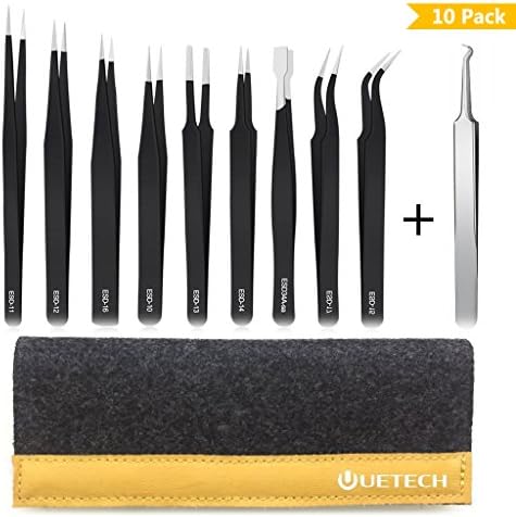 ESD Precision Tweezers Set UETECH 10 Pcs Black Anti-Static Stainless Steel Tweezer Set for Electronics Craft Jewelry Laboratory Soldering Work