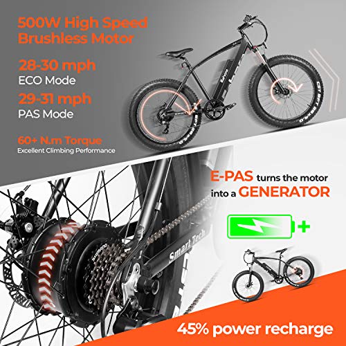 Eahora 500W 4.0 Fat Tire Electric Bicycle 26inch 48V Mountain Snow Electric Bikes for Adults Suspension Shock Absorber Fork Rebound/Lock Out Shimano 7-Speed Gear Shifts, E-PAS Recharge System XC200