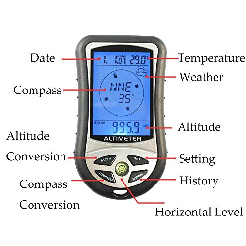 Multi-function 8 in 1 Electronic Handheld Compass Altimeter Barometer Thermometer Weather Forecast Time Calendar Digital Altimeter LED Back-light Forecast Thermometer for Camping Hiking Climbing