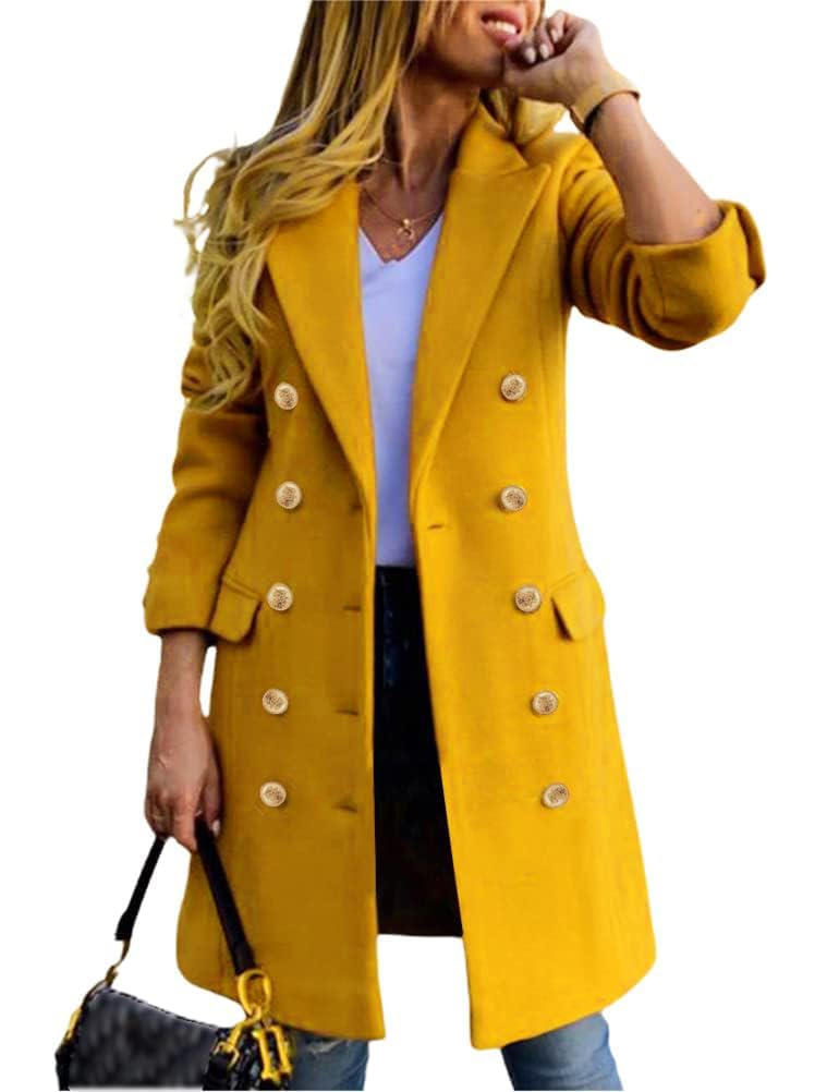 Photo 1 of IDEALSANXUN Peacoat Womens Coat Fall Fashion 2025 Winter Wool Coats for Women Double Breasted Long Blazer Trench Coat, Yellow, S