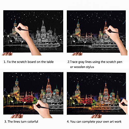 Scratch Art Paper Rainbow Painting Sketch Pad DIY Building View Scratchboard for Adults and Kids - 4 Packs, 16 X 11.2 Inches - Thumbnail 2