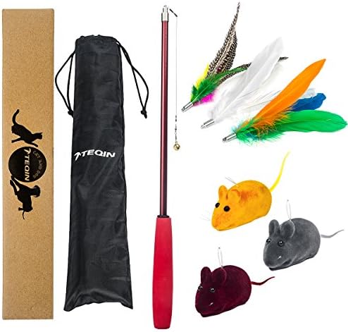 TEQIN 7in1 Kit Cat Toys Interactive Feather Teaser Wand Toy Sets Retractable Fishing Pole with Feather Refills Catnip Mice Chaser for Cats Kittens(Thin-Red)