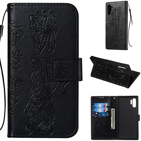Lotuslnn Samsung Galaxy Note 10+ Plus Wallet Case, Leather Embossed cat and tiger Case,Phone Flip Book Cover Viewing Stand Card Holder forSamsung Galaxy Note 10+ Plus,Black