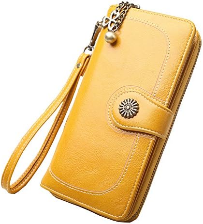 Women's RFID Blocking Large Capacity Leather Clutch Wallet with Wrist Strap