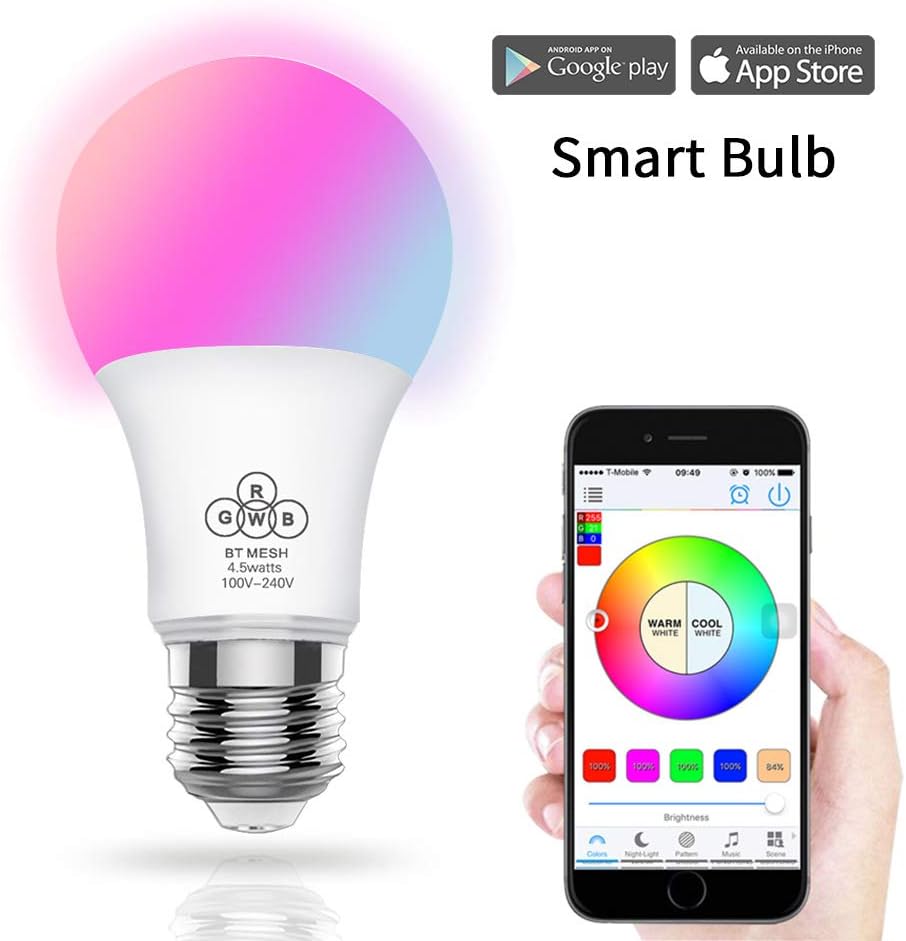 VIPMOON Smart Multicolor Light Bulb, No Hub Required, HaoDeng App Control Bluetooth Mesh Tech Smart Home Lighting Solution (Hub Required for Alexa Google Voice Control, Hub Sold Separately)