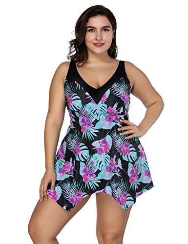 FeelinGirl Women's Plus Size Floral Halter Swimsuit Two Piece Pin up Tankini Swimwear