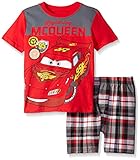 Disney Little Boys' Toddler 2 Piece Cars Lightening McQueen Screened Patches To Plaid Short Set, Red, 2T