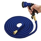 New 50 Foot Expandable Garden Hose by Green Mill. Improved Design - Strongest Expanding Hose with Durable Brass Connectors and Shut-Off Valves. With 7 Function Sprayer. Blue Hose and Nozzle.