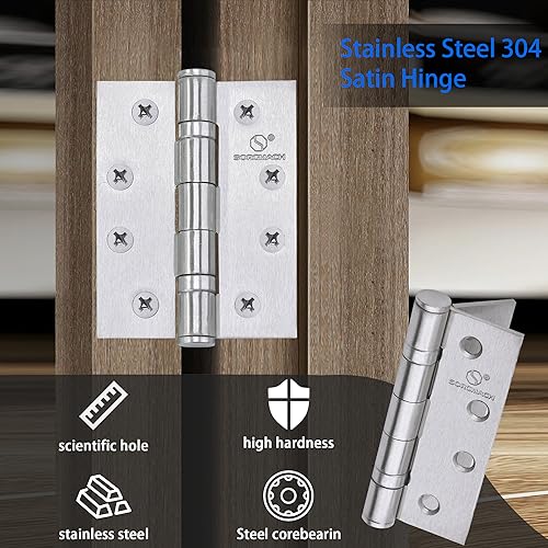 SORGMACH Door Hinges, 4 x 3 in Satin Nickel Door Hinges Thickness 3 mm Hinges for Wood, 304 Stainless Steel Commercial Interior Exterior Door Hinges(3 Pack)