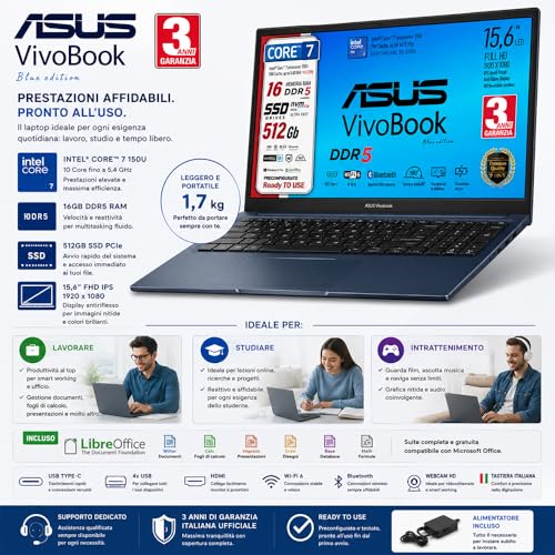 ASUS Laptop Intel i7, SSD PCI 512 Gb, 15.6 Inch Ips FHD, HDmi, Bt, Webcam, Wi-fi, 4 Usb, Bt, Italian Keyboard, ddr5 16 GB, Pre-configured, Italian Warranty 3 Years, Blue Edition