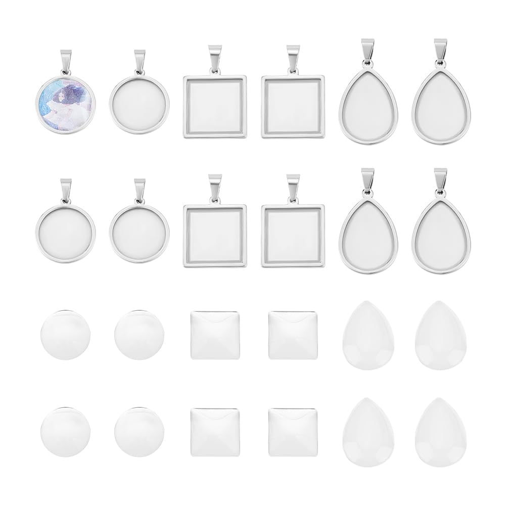 UNICRAFTALE 24pcs 3 Styles 6set Cabochon Pendant Settings Stainless Steel Blank Bezel Pendant Trays Teardrop Square Flat Round Base Cabochon Charm with Glass Cabochons for Jewelry Making