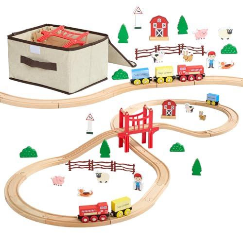 VEVOR Wooden Train Set, 39PCS, Wood Train Track with Magnetic Trains and Railwa…