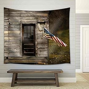 American Flag Hanging from an Old Barn with Negative Space to Display Text. - Fabric Wall Tapestry Home Decor - 51x60 inches
