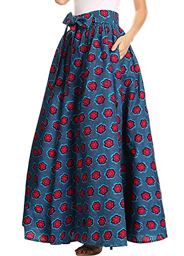 Novia's Choice Women African Floral Print Pleated High Waist Maxi Skirt Casual A Line Skirt(Little Red Flower),X-Large