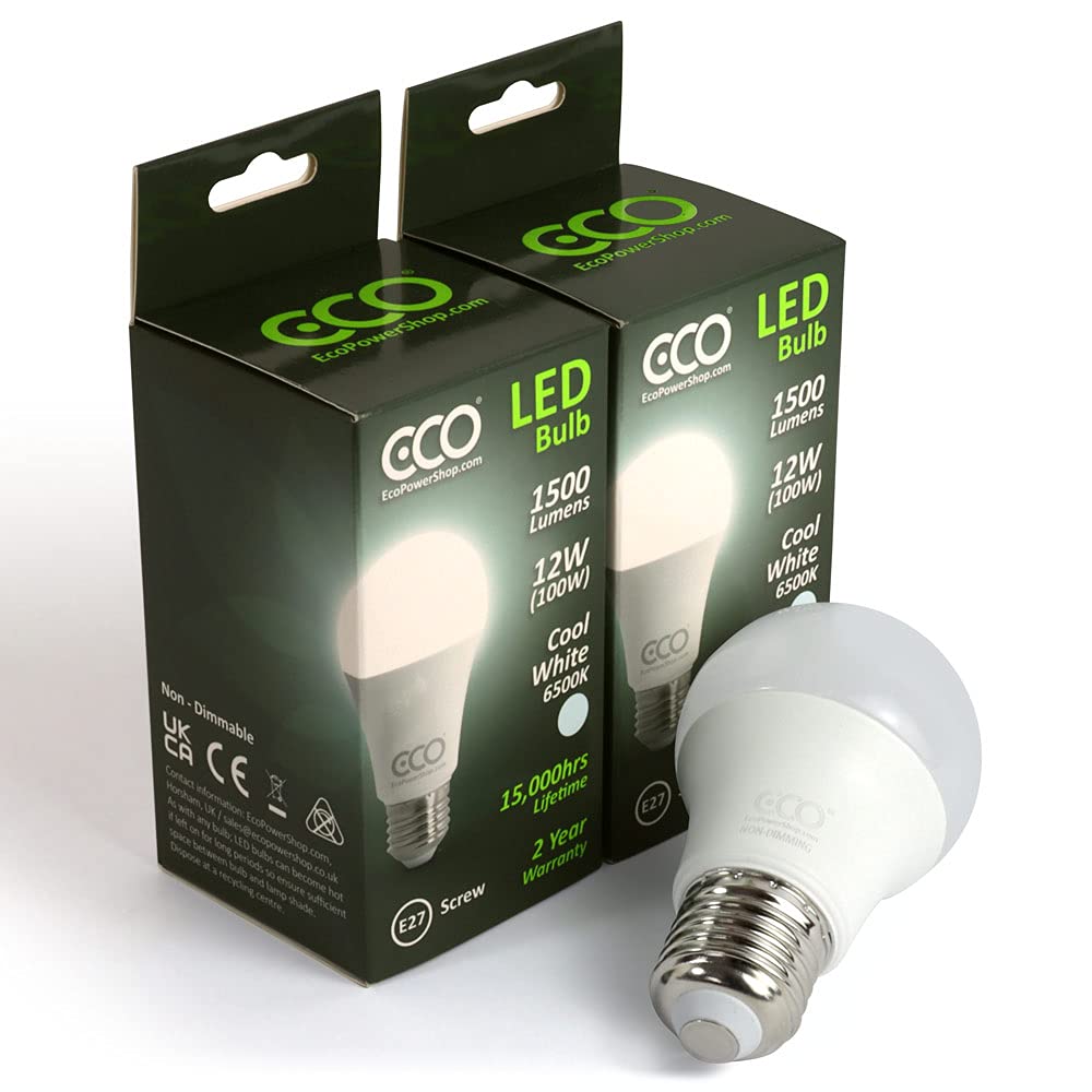 ECO 100W E27 Edison Screw Energy Saving LED Light Bulbs, Low Energy 12W LED, Bright 1500 Lumens, Cool White 6500K, 15,000Hrs Lifetime. 2X Pack.