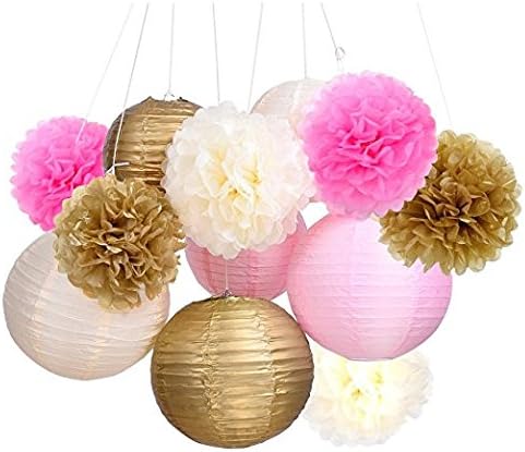 Tissue Paper Pom Poms Flowers Paper Lanterns Kit, 6", 8", 10", Pink Gold Theme for Wedding Birthday Party Decorations, Pack of 16