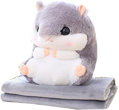 3 in 1 Cute Hamster Pillow with Fleece Blanket, Plush Stuffed Throw Pillow with Blanket Toy Cushion (Grey)