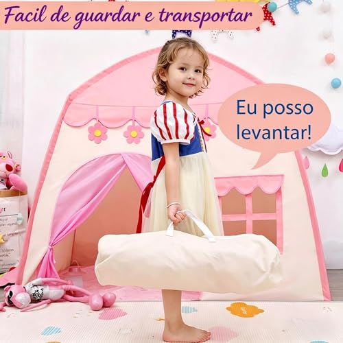 Barraca de Brinquedo Rosa 130×110 cm, Casinha de Brinquedo Dobrável e Fácil de Montar