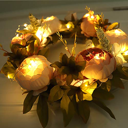 IRONLAND 15'' Peony Flower Wreath for Front Door Artificial Floral Wreath with Green Leaves, Spring Summer Garland Wreath for Wall Wedding Party Home Décor (with a Bunch of Lights)