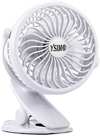YSIM Clip on Fan Rechargeable Battery Fan 360 Degree Rotation USB or 18650 Battery Powered to Baby Stroller and Desk with Quietness White 5"