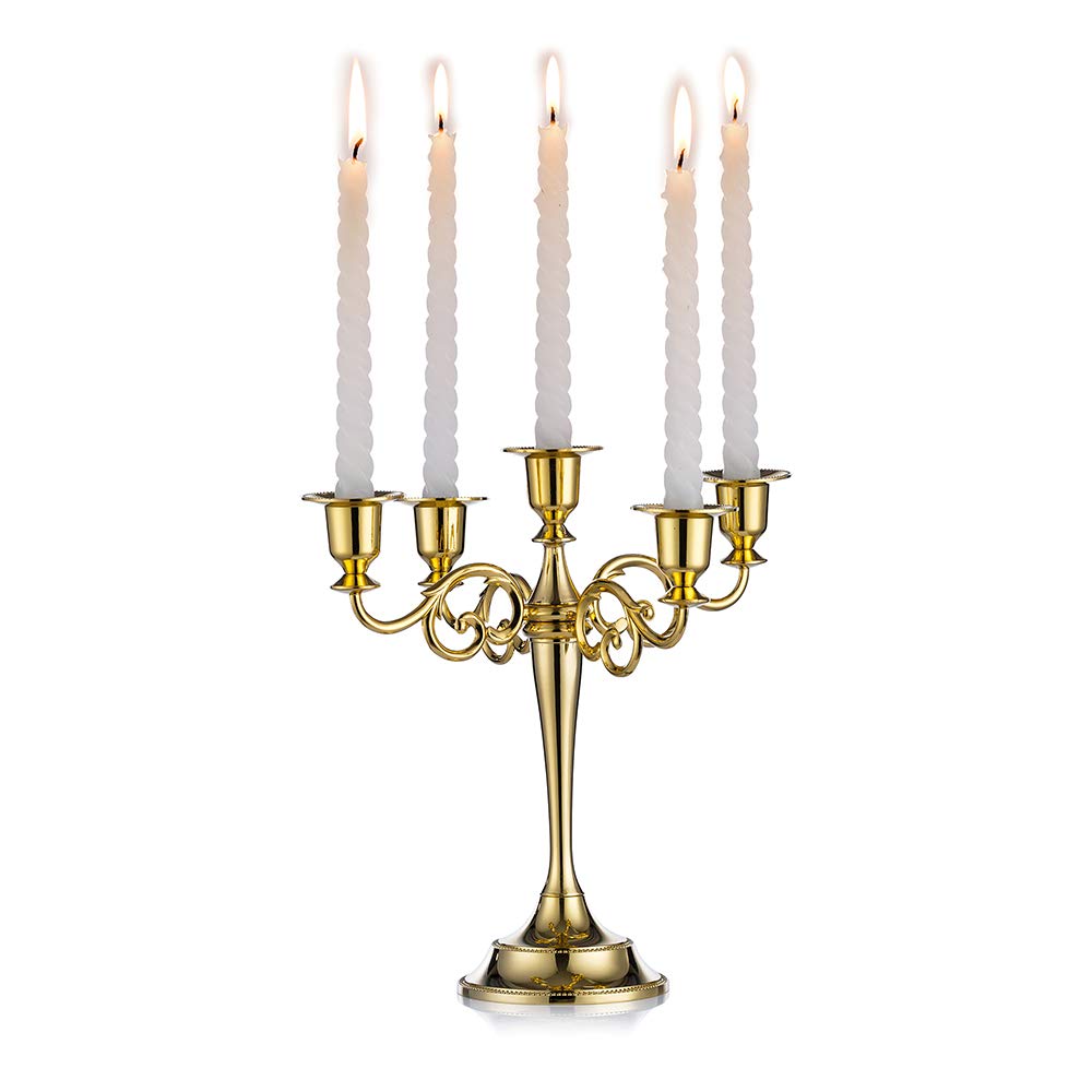 Sziqiqi Gold metal candle holder 5-arms candle stand 27cm tall wedding event candelabra candle stick, Gold
