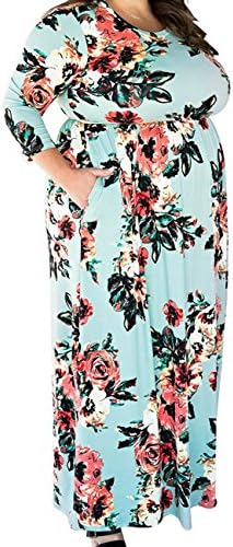 FLYCOOL Womens Plus Size 3/4 Sleeve Floral Print Elastic High Waist Vintage Midi Green Dress with Pockets