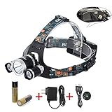 BORUiT RJ-5000 Super Bright Headlamp LM 3 x Cree XML-L2 4 Modes 5000Lumens Rechargeable LED Headlamp Headlight Comfortable Wearing Head Light for Camping/Biking/Hunting/Fishing/Walking