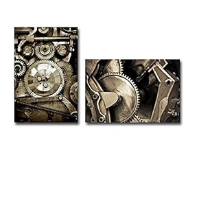 Canvas Prints Wall Art -Vintage Machine Cogwheels with Shallow D.O.F| Modern Home Deoration/Wall Art Giclee Printing Wrapped Canvas Art Ready to Hang - 16"x24" x 2 Panels