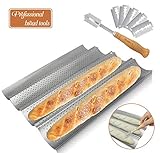 Walfos Baguette Pan Set-Food Grade Nonstick Coating Perforated Baguette Bread Pans for French Bread Baking 4 Loaves,with Premium Hand Crafted Bread Lame