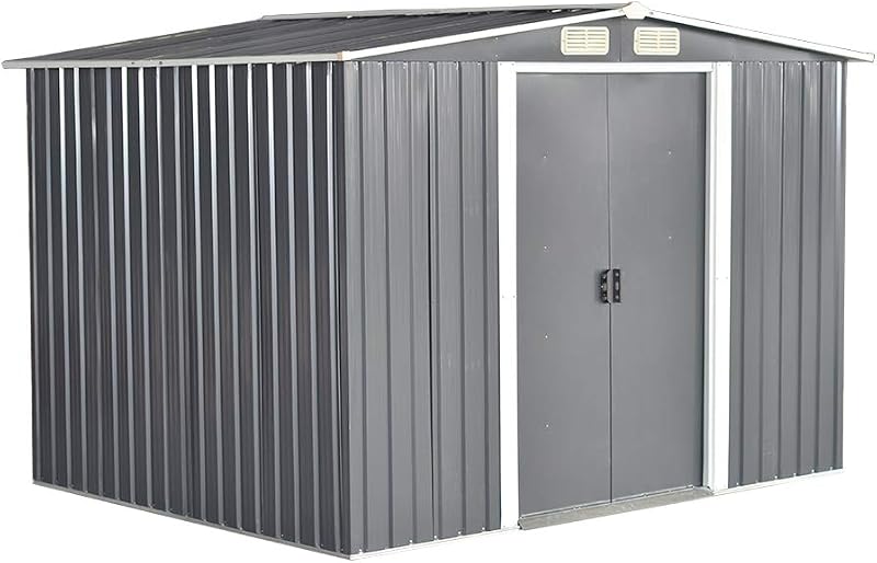 N/C Metal Garden Shed Apex Roof Tool Storage House Grey 8x6ft Door on 8ft Side