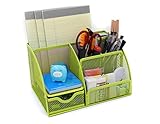 Mesh Desk Organizer 5 Compartment Office Supplies Caddy Pen Holder Card Case Organizer Storage Box with Drawer ,Green