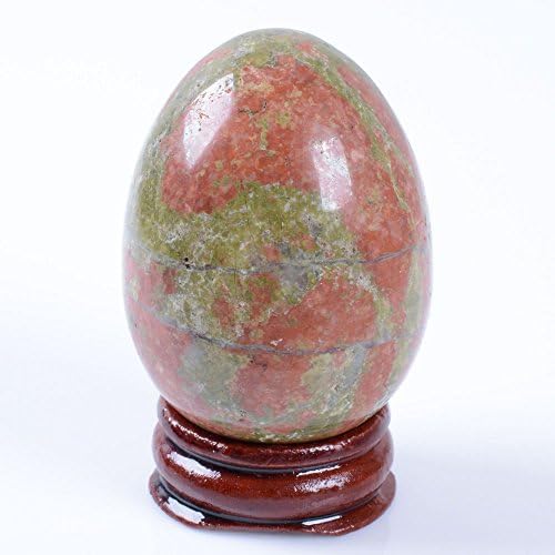 50mm Gemstone Rock Crystal Healing 2" Eggs Shaped Carving Decor Wood Stand (Unakite)
