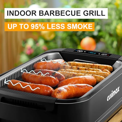 CUSIMAX Electric Grill, Indoor Smokeless Grill with LED Smart Display, Glass Lid, 1500W Family Grill with Non-Stick Plate, Variable Temperature Control, Health grill with Drip Tray, Dishwasher Safe