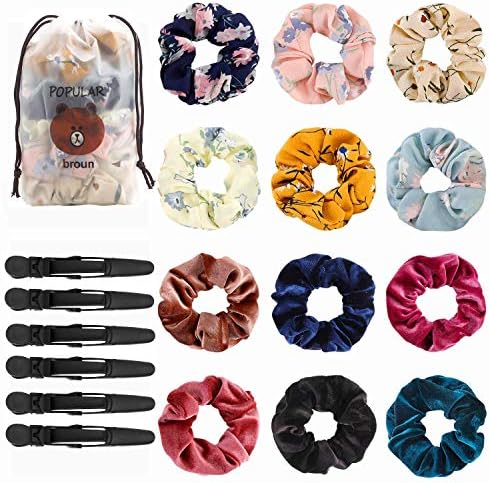 Hair Scrunchies 12Pcs with Hair Clips 6Pcs for Baby Girl Including Velvet Elastic Hair Bands and Chiffon Flowers Elastic Hair Ties by Eggsnow Soft Scrunchy Hair Ropes for Women Girls