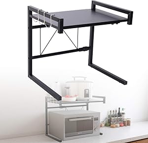 HOMIKE Microwave Oven Rack,Expandable Microwave Shelf,Carbon Steel Kitchen Counter Shelves,2 Tiers with 3 Hooks,Baker's Rack, Toaster Oven Shelf,55lbs Loading Bearing(15.8~23.6"x14.2"x16.5") Black