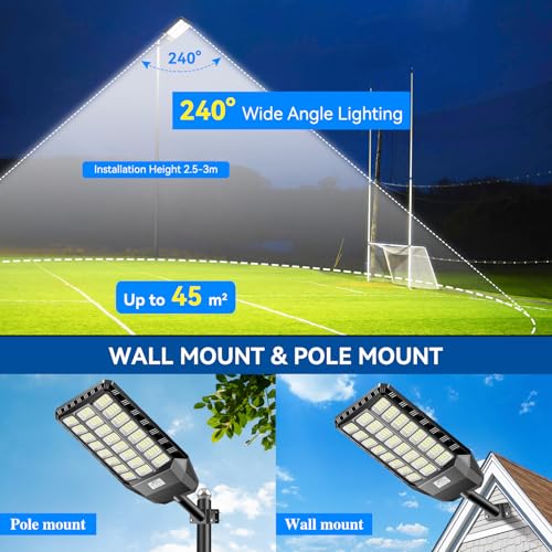 Adewalk 2000 W Outdoor LED Solar Street Light with Remote Control, IP66 Waterproof Solar Street Light with Motion Sensor, 6500 K Super Bright Outdoor Solar Garden Lights for Garage Road